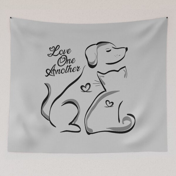 Item preview, Love One Another cat & dog outline sketch with sweet text & hearts designed and sold by MunsyArt.