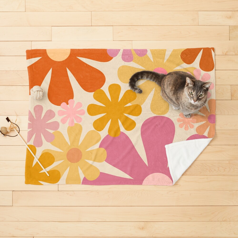 Retro 60s 70s Flowers - Vintage Style Floral Pattern in Thulian Pink, Orange, Mustard, and Cream Pet Blanket