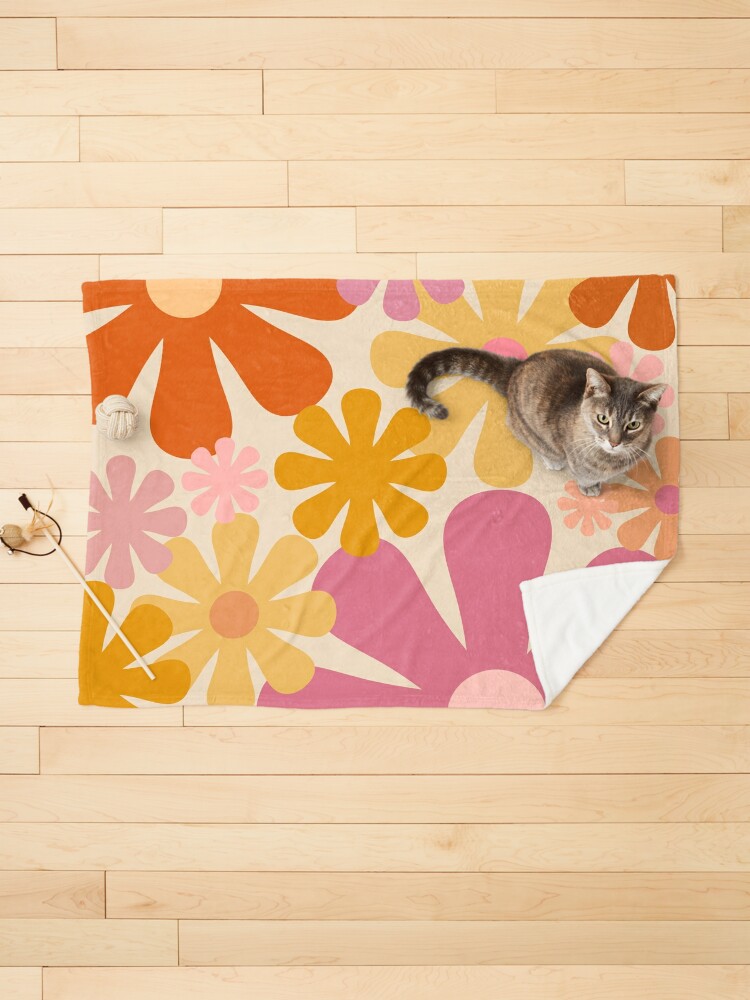 Thumbnail 1 of 6, Pet Blanket, Retro 60s 70s Flowers - Vintage Style Floral Pattern in Thulian Pink, Orange, Mustard, and Cream designed and sold by kierkegaard.