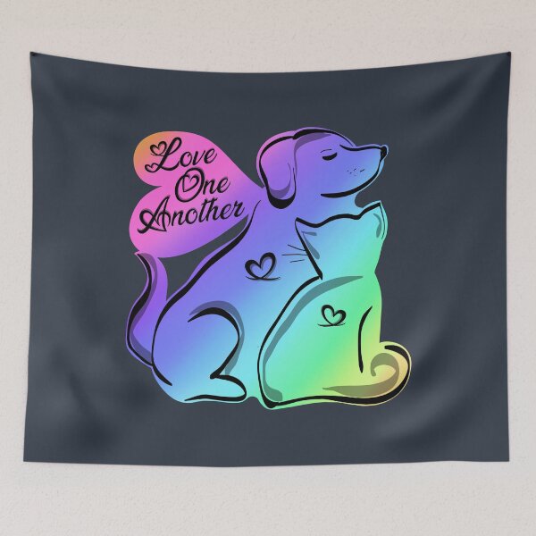 Item preview, Love One Another cat & dog outline sketch with sweet text & hearts designed and sold by MunsyArt.
