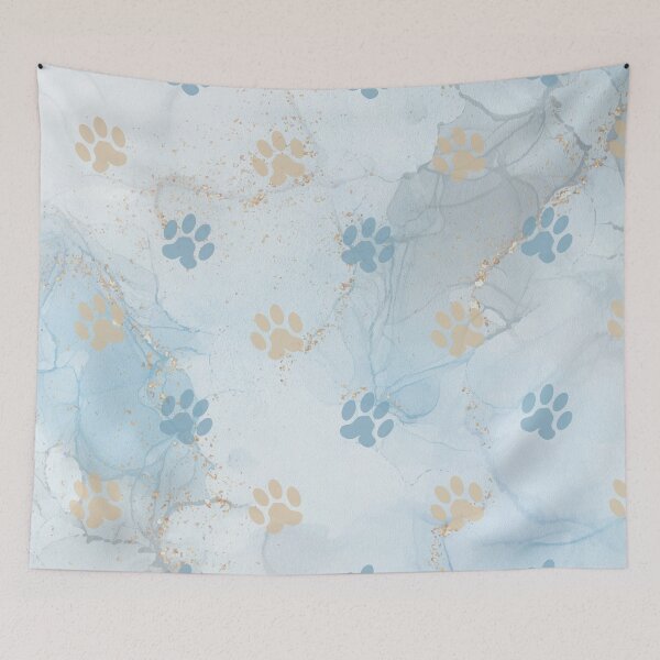 Item preview, blue watercolor marble background with dog and cat paw print designed and sold by Beeroclock.