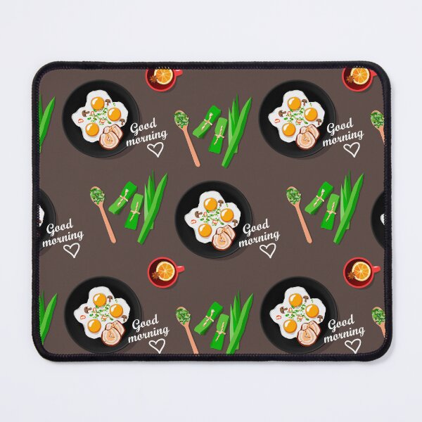 Item preview, Seamless vector pattern of homemade breakfast with bacon, fried eggs in a pan, a cup of lemon tea and pandan leaves spices. Top view flat lay designed and sold by Familyshmot.
