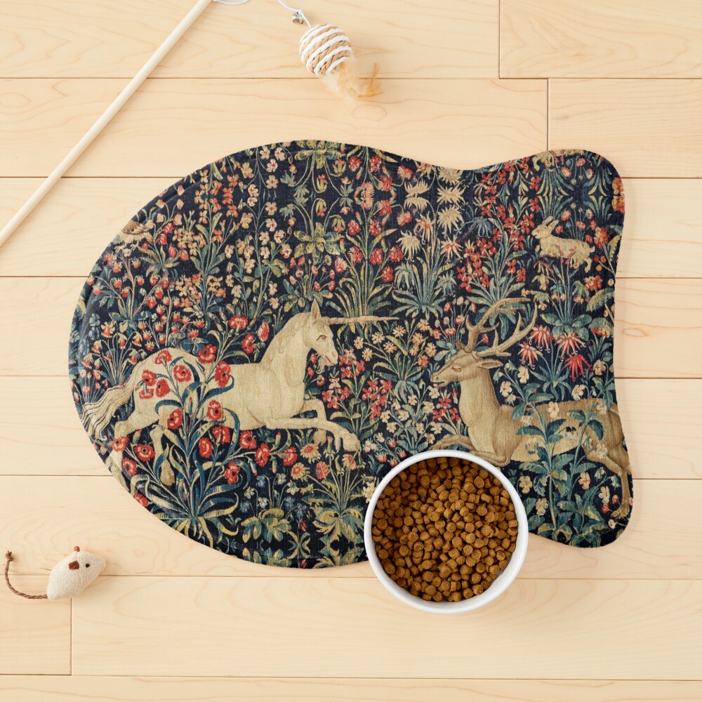 UNICORN AND DEER AMONG FLOWERS, FOREST ANIMALS FLEMISH FLORAL Pet Mat