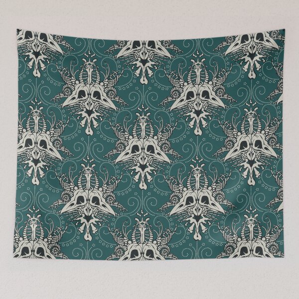 Item preview, Turquoise victorian gothic damask pattern made out of skulls and bones in teal and black designed and sold by RedFinchDesigns.