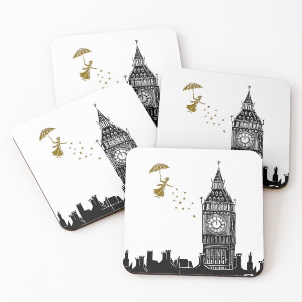 Item preview, Mary Poppins and Big Ben Linocut in black and gold designed and sold by Maddy Bennett.