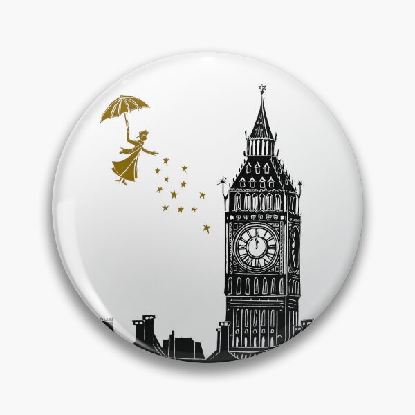 Item preview, Mary Poppins and Big Ben Linocut in black and gold designed and sold by Maddy Bennett.