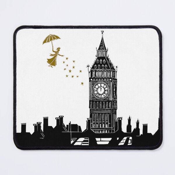 Item preview, Mary Poppins and Big Ben Linocut in black and gold designed and sold by Maddy Bennett.