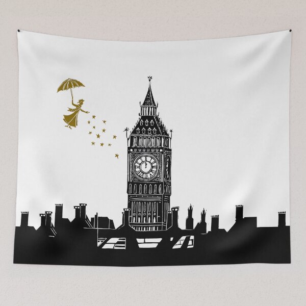 Item preview, Mary Poppins and Big Ben Linocut in black and gold designed and sold by Maddy Bennett.