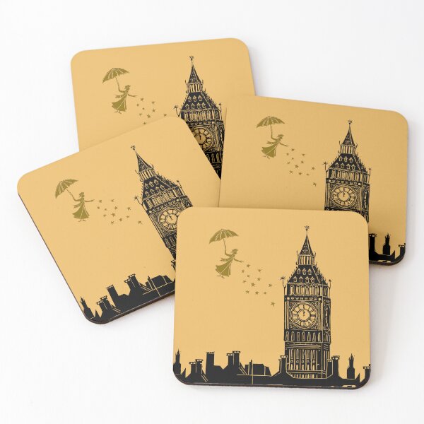 Item preview, Mary Poppins and Big Ben Linocut in black and yellow designed and sold by Maddy Bennett.