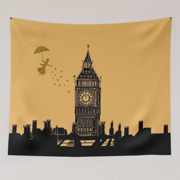 Item preview, Mary Poppins and Big Ben Linocut in black and yellow designed and sold by Maddy Bennett.