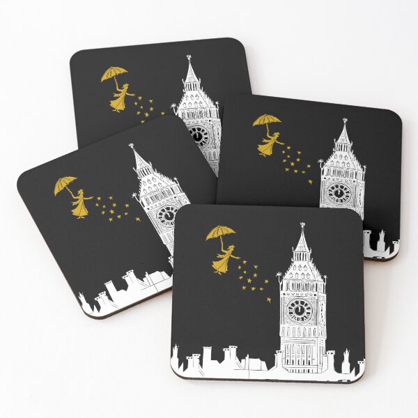 Item preview, Mary Poppins and Big Ben Linocut Print in white, black and gold designed and sold by Maddy Bennett.