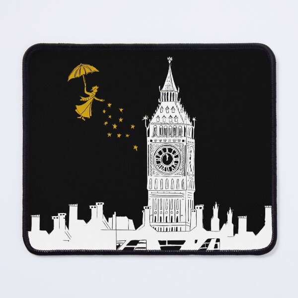 Item preview, Mary Poppins and Big Ben Linocut Print in white, black and gold designed and sold by Maddy Bennett.