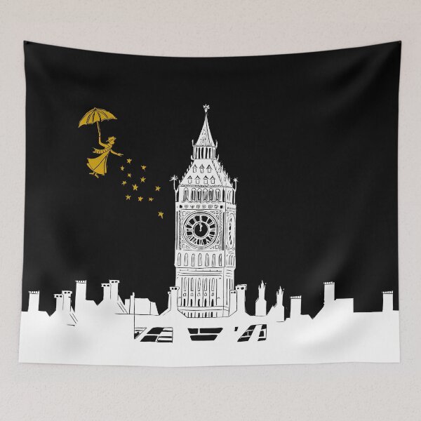 Item preview, Mary Poppins and Big Ben Linocut Print in white, black and gold designed and sold by Maddy Bennett.