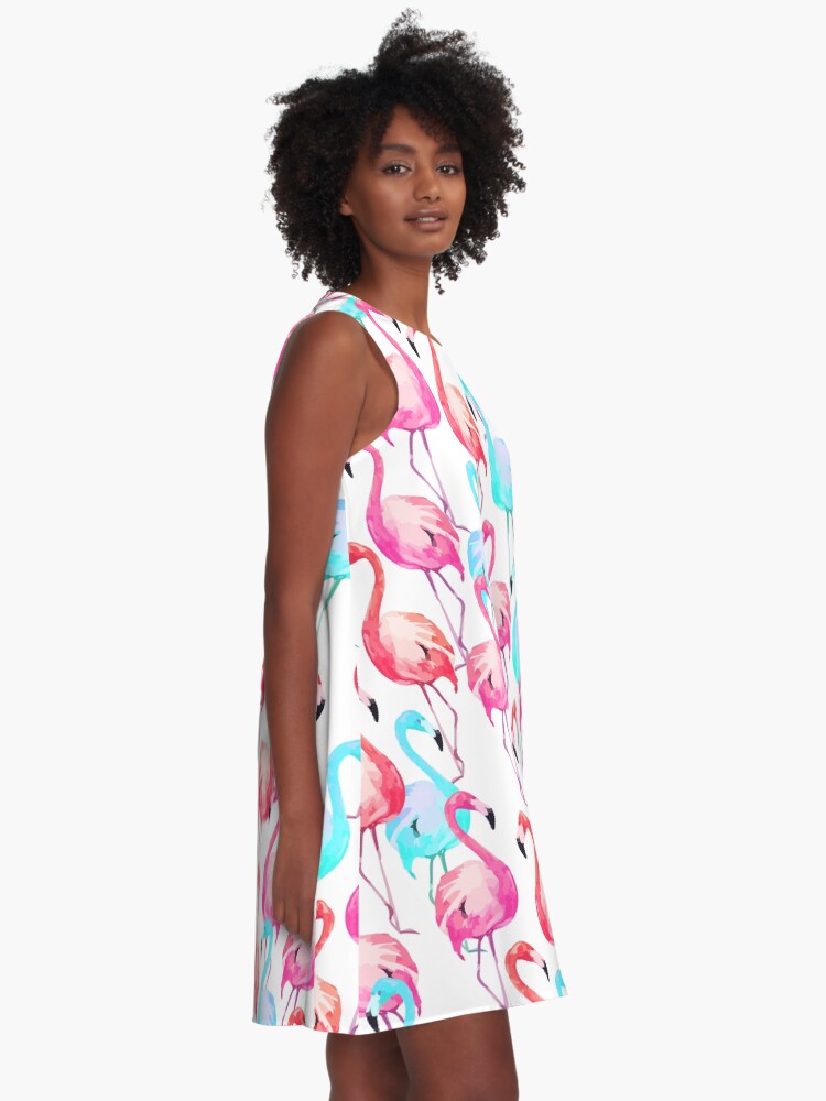 Alternate view of Flamingo, Flamingos pattern, Print, Tropical, Bird, Pattern, Funny art, Modern art, Wall art, Print, Minimalistic, Modern A-Line Dress