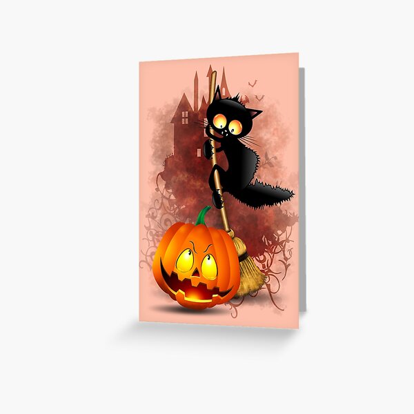 Cat Fun Halloween Character scared by a Pumpkin  Greeting Card