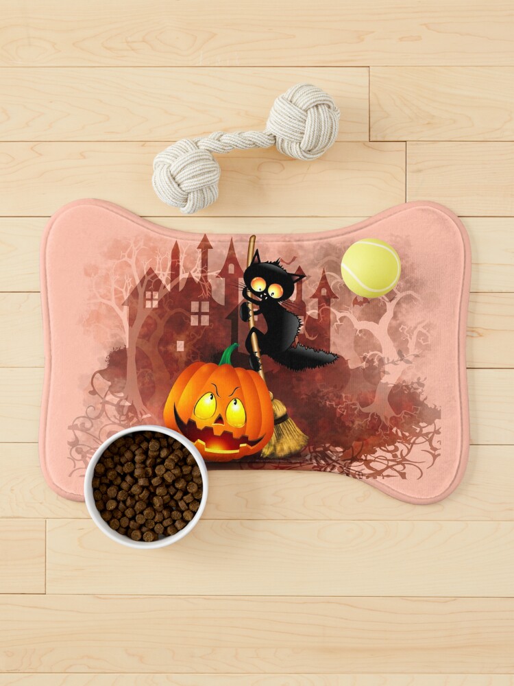 Pet Mat, Cat Fun Halloween Character scared by a Pumpkin  designed and sold by BluedarkArt