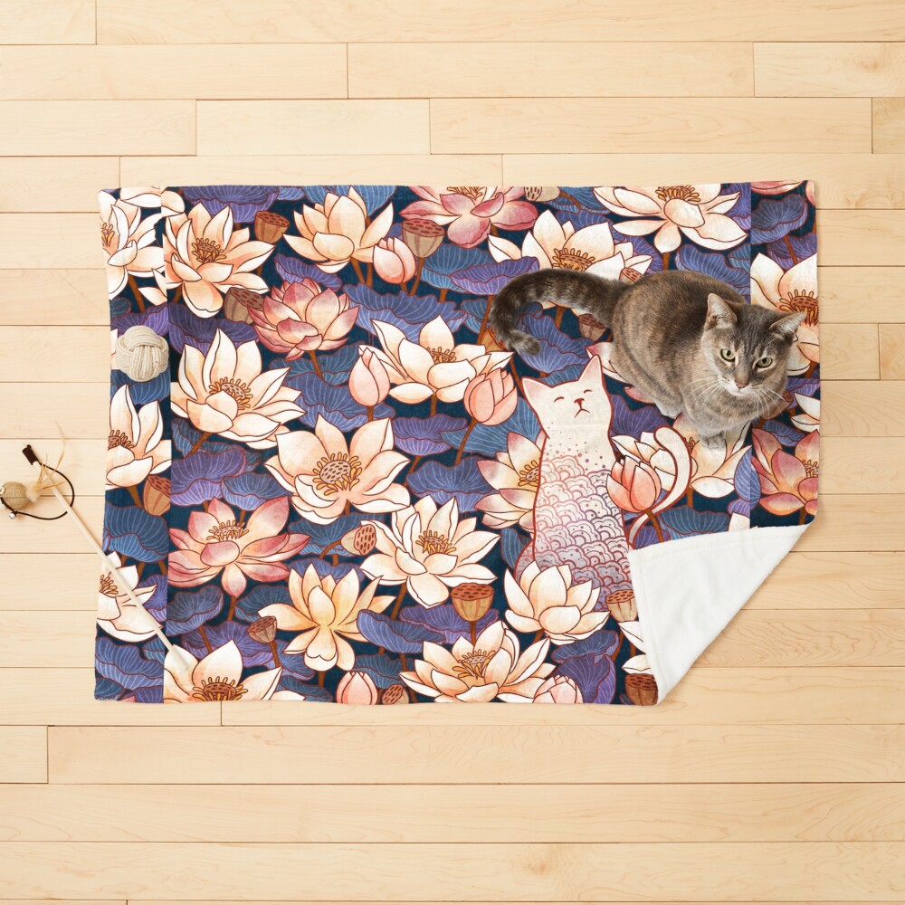 White cat and Lotus Pet Blanket