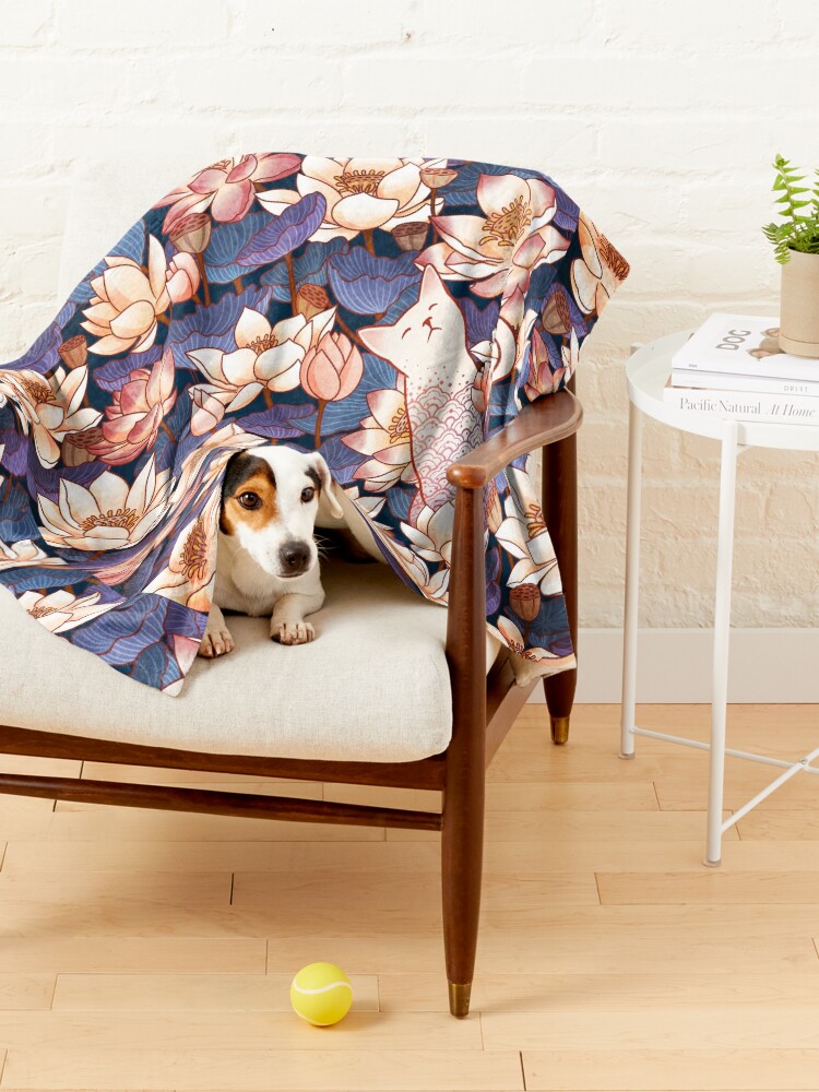Alternate view of White cat and Lotus Pet Blanket