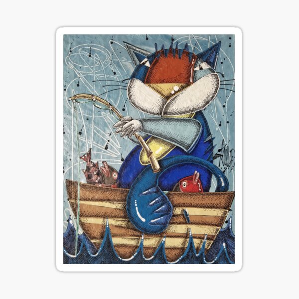 Gato pescador en un barco, Daniel Acebo, Backroom Art Pegatina