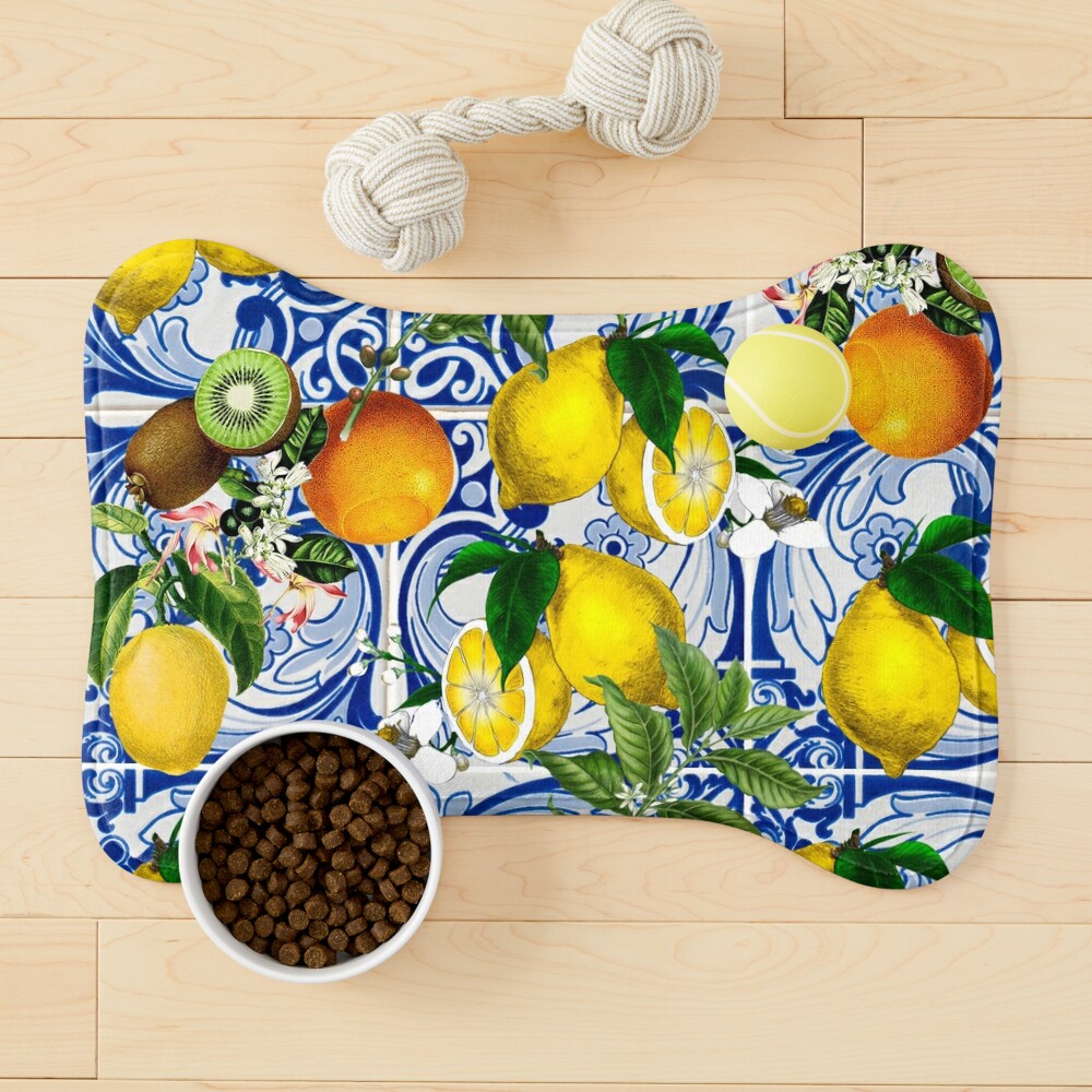 Mediterranean tile and lemon print cotton market bag, blue azulejo tile  reusable zero waste shopping bag, Italian style wedding favor gift