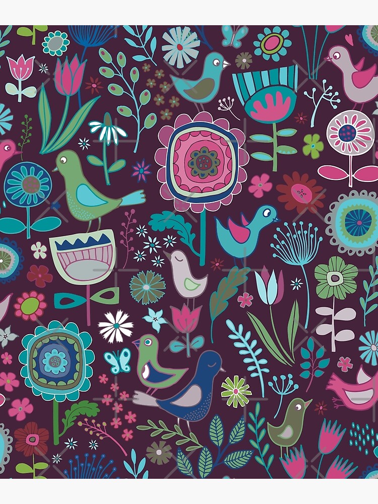 Birds and Blooms - blueberry - pretty floral bird pattern by Cecca Designs by Cecca-Designs