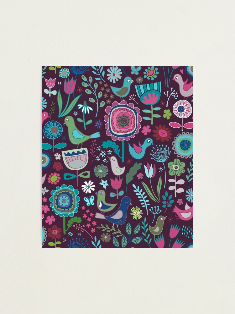 Alternate view of Birds and Blooms - blueberry - pretty floral bird pattern by Cecca Designs Photographic Print