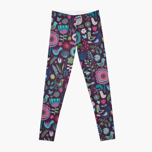 Birds and Blooms - blueberry - pretty floral bird pattern by Cecca Designs Leggings