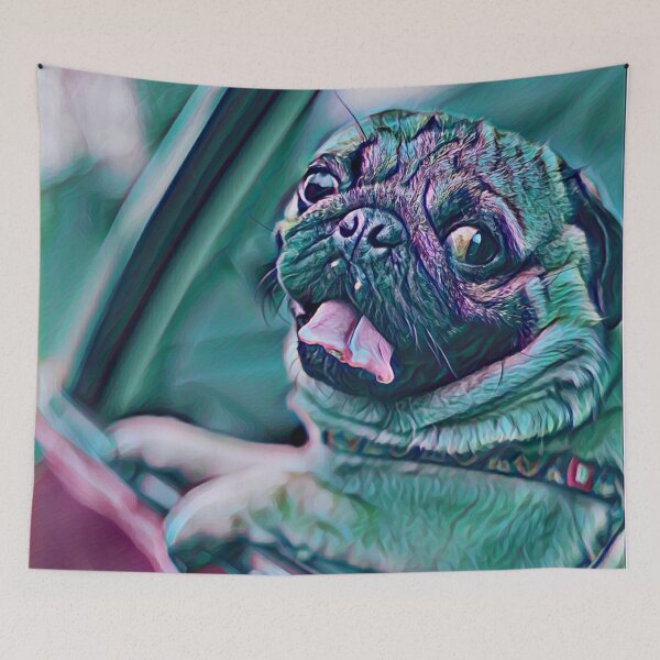 Item preview, Retro Neon Purple Driving Dog Portrait Puppy Pug Life Art designed and sold by TheWildFlix.