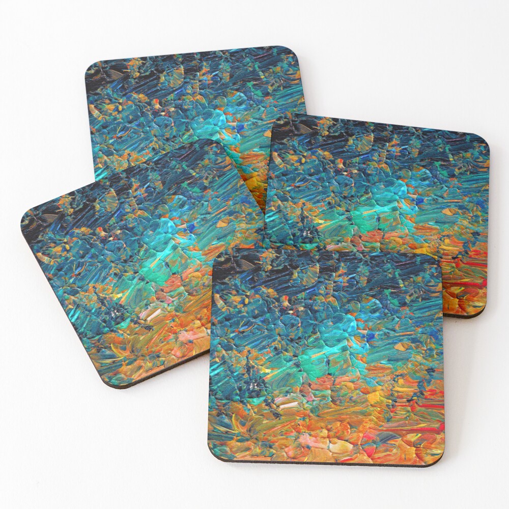 ETERNAL TIDE 2 Bold Rainbow Colorful Deep BlueTurquoise Aqua Orange Yellow Ombre Waves Abstract Acrylic Painting Coasters (Set of 4)