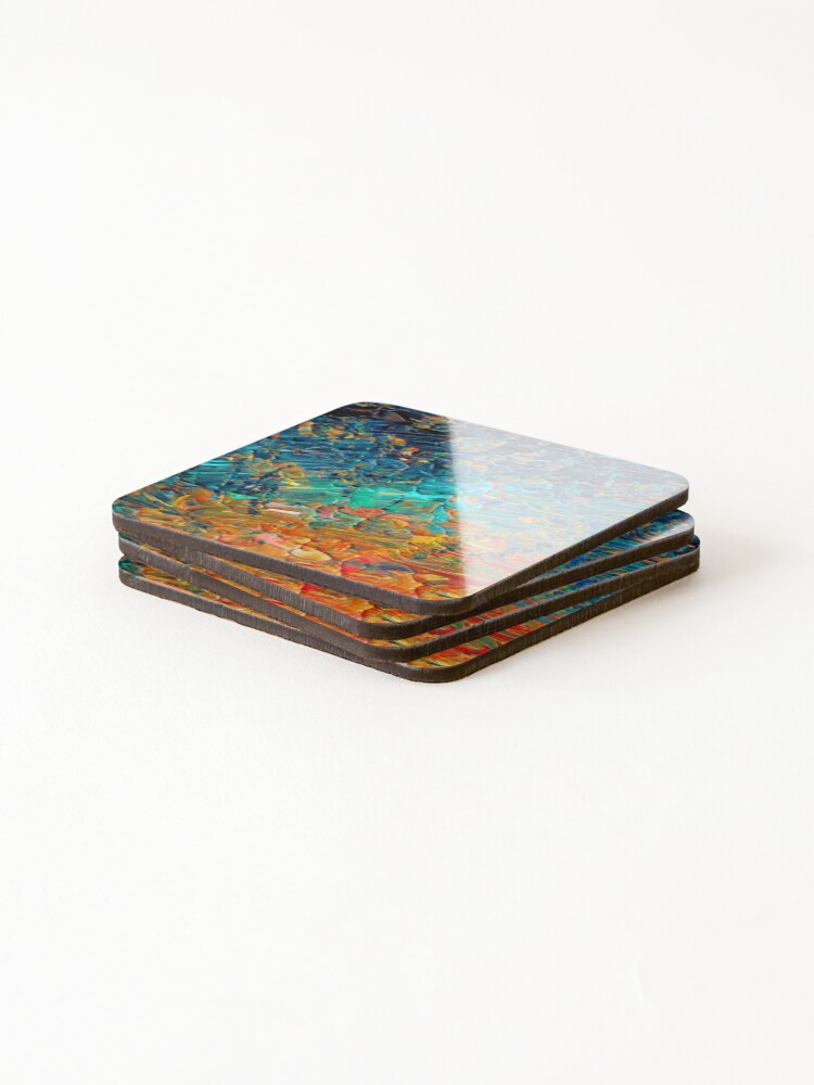 Alternate view of ETERNAL TIDE 2 Bold Rainbow Colorful Deep BlueTurquoise Aqua Orange Yellow Ombre Waves Abstract Acrylic Painting Coasters (Set of 4)