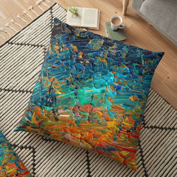 ETERNAL TIDE 2 Bold Rainbow Colorful Deep BlueTurquoise Aqua Orange Yellow Ombre Waves Abstract Acrylic Painting Floor Pillow