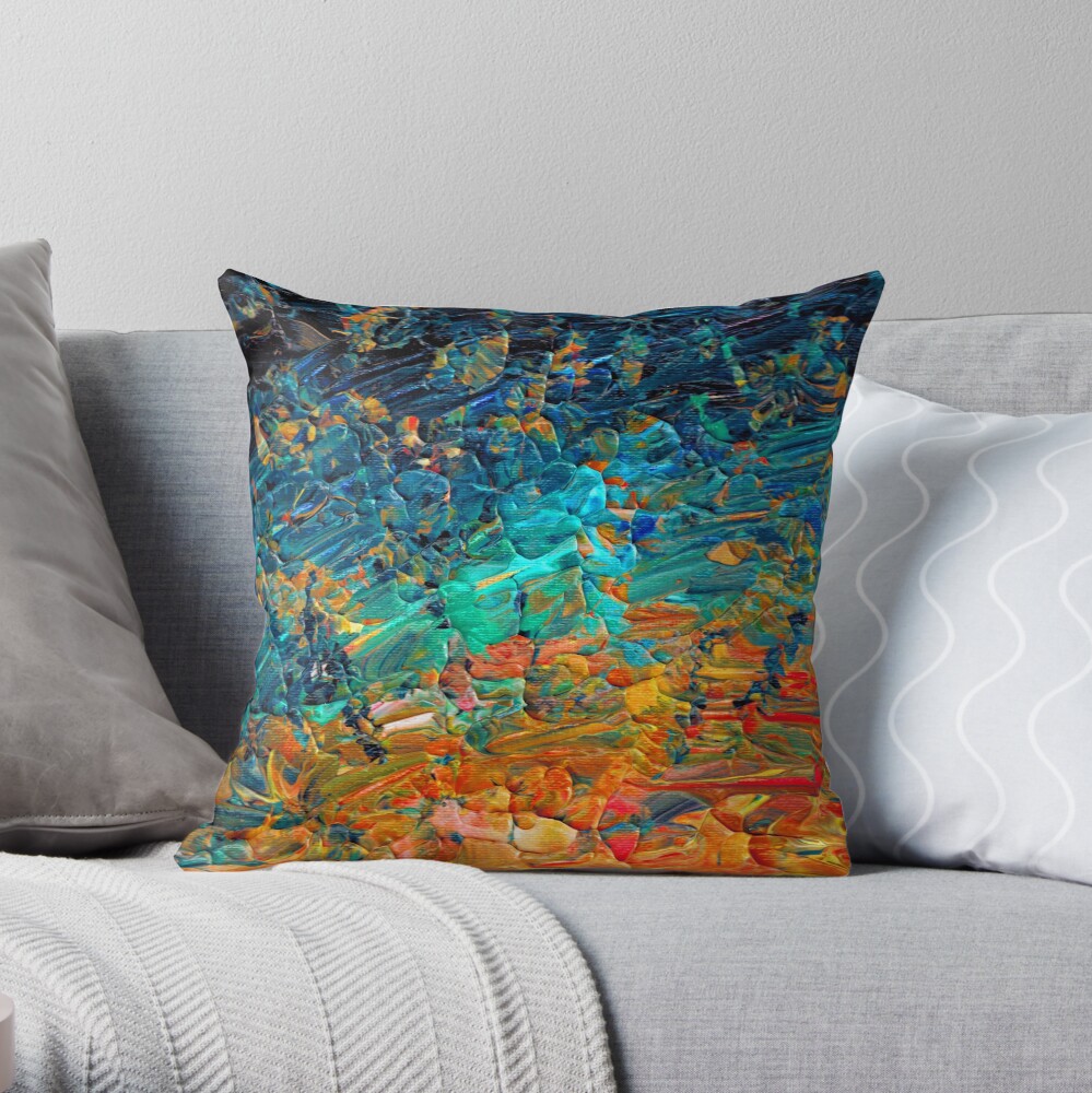 ETERNAL TIDE 2 Bold Rainbow Colorful Deep BlueTurquoise Aqua Orange Yellow Ombre Waves Abstract Acrylic Painting Throw Pillow