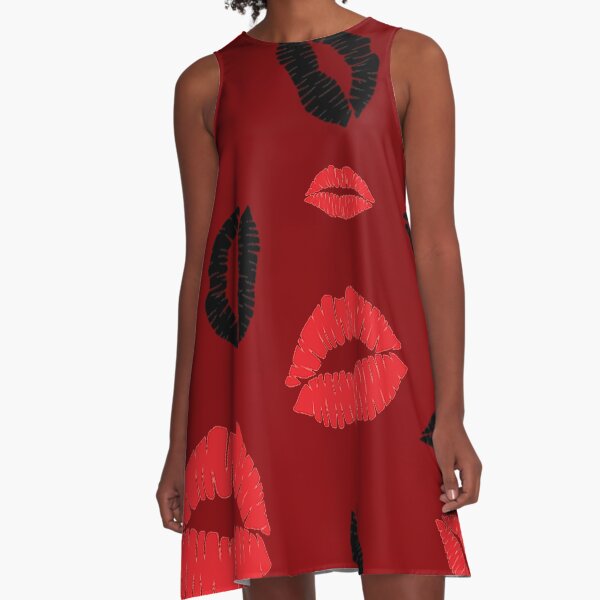 Red, Red, Black Kisses Lips TeAnne A-Line Dress