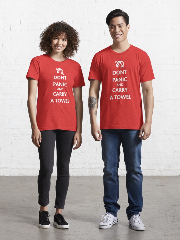 Essential T-Shirt, Don't Panic and Carry a Towel designed and sold by TeesBox