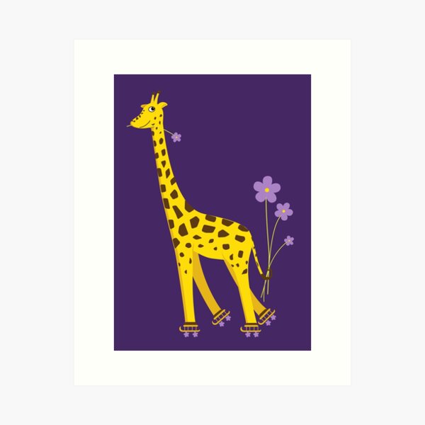 Purple Cartoon Funny Giraffe Roller Skating Art Print