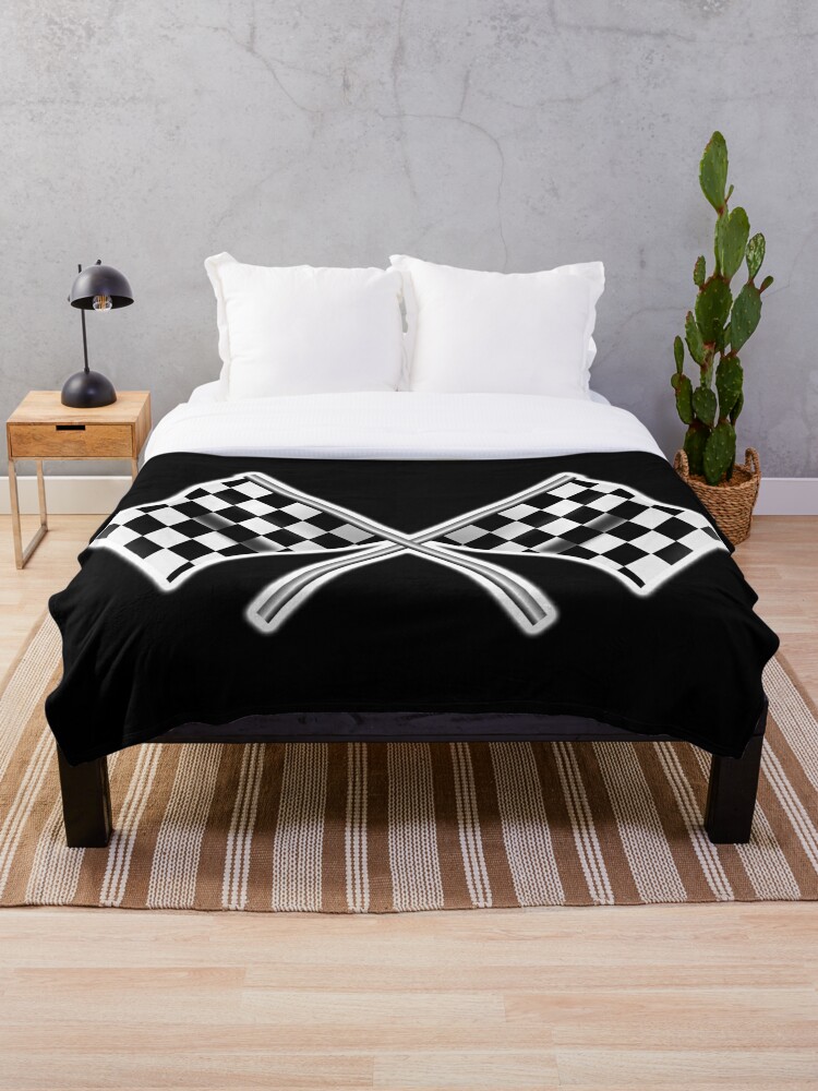 Race Car Checkered Flag Crossed Motorsport Win Winner Chequered Flag Racing Cars Race Finish Line On Black Throw Blanket By Tomsredbubble Redbubble