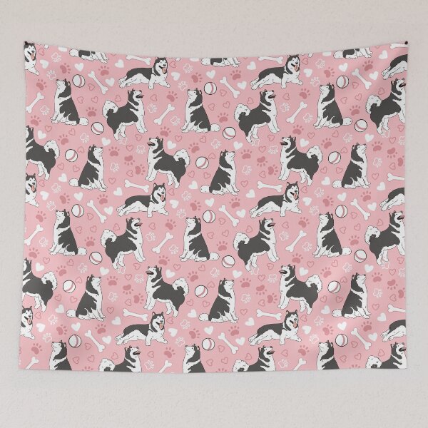 Item preview, Playing Black and White Alaskan Malamute - Pink Background designed and sold by Lulupainting.