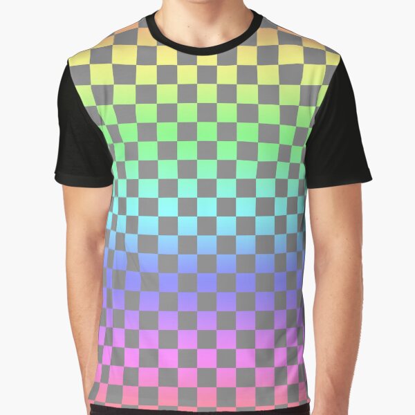 Gray Checkered Rainbow Ombre Pattern Graphic T-Shirt