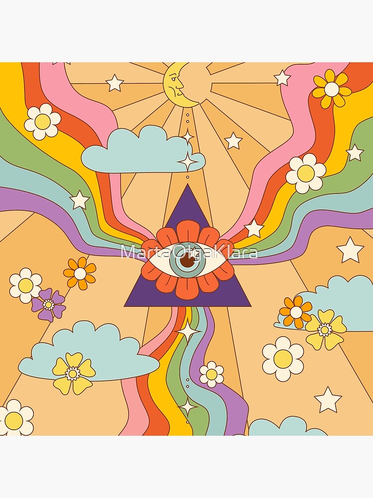 Retro Trippy Mushroom, Eye & Rainbow Hippie Tote Bag