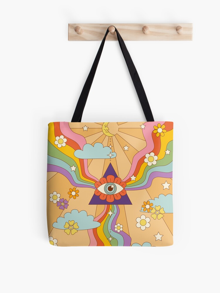 Retro Trippy Mushroom, Eye & Rainbow Hippie Tote Bag