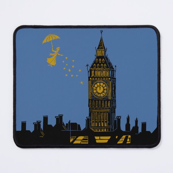 Item preview, Mary Poppins and Big Ben Linocut Print in black, blue and gold designed and sold by Maddy Bennett.