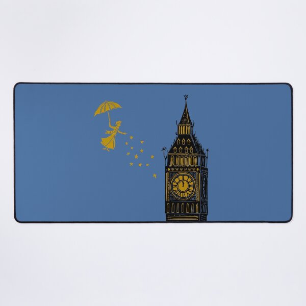 Item preview, Mary Poppins and Big Ben Linocut Print in black, blue and gold designed and sold by Maddy Bennett.