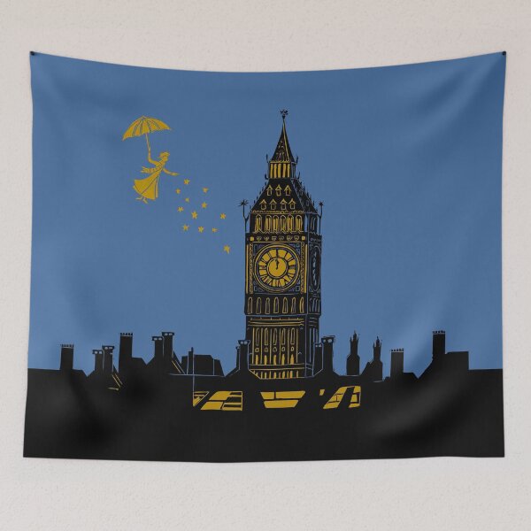 Item preview, Mary Poppins and Big Ben Linocut Print in black, blue and gold designed and sold by Maddy Bennett.