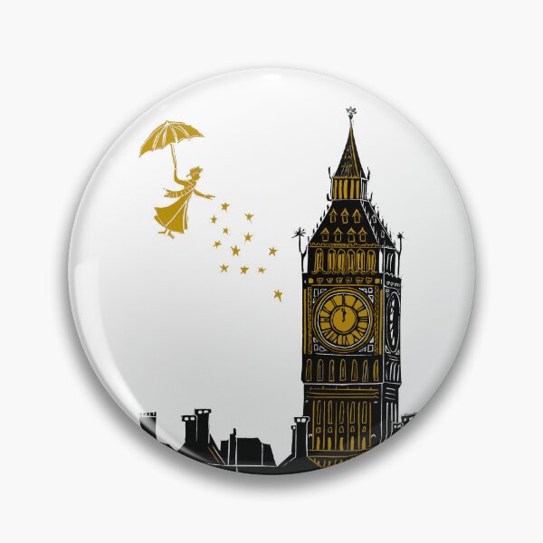 Item preview, Mary Poppins and Big Ben Linocut Print in black, white and gold designed and sold by Maddy Bennett.