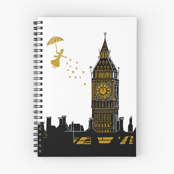 Item preview, Mary Poppins and Big Ben Linocut Print in black, white and gold designed and sold by Maddy Bennett.