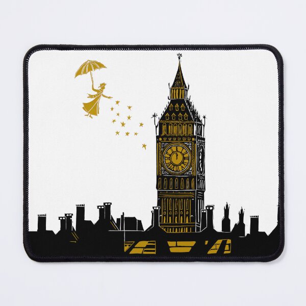 Item preview, Mary Poppins and Big Ben Linocut Print in black, white and gold designed and sold by Maddy Bennett.