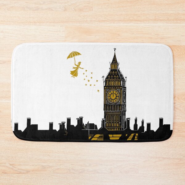 Item preview, Mary Poppins and Big Ben Linocut Print in black, white and gold designed and sold by Maddy Bennett.