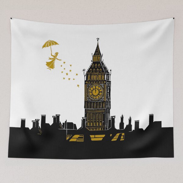 Item preview, Mary Poppins and Big Ben Linocut Print in black, white and gold designed and sold by Maddy Bennett.