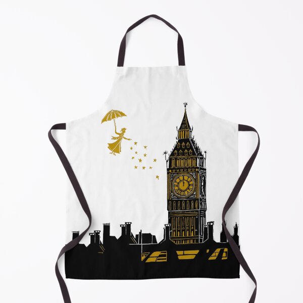 Item preview, Mary Poppins and Big Ben Linocut Print in black, white and gold designed and sold by Maddy Bennett.
