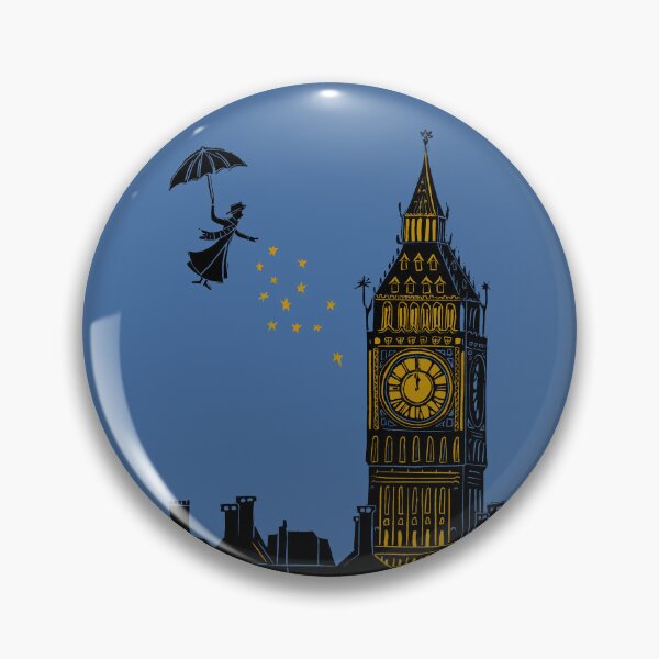 Item preview, Mary Poppins and Big Ben Linocut Silhouette Print in black, blue and gold designed and sold by Maddy Bennett.